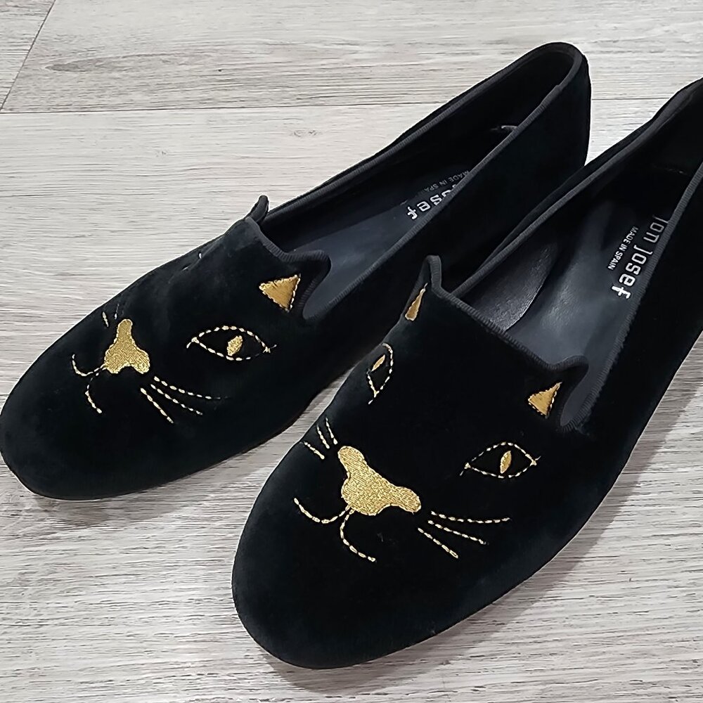 Jon Josef Loafer Shoes Black Velvet Cat Face Slip On Flat Spain Women's Size 9M